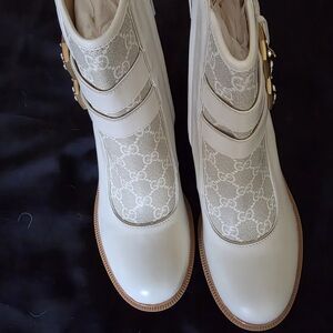 Gucci Women's Cream Monogram Ankle Booties with Rhinstones And GG Iogo